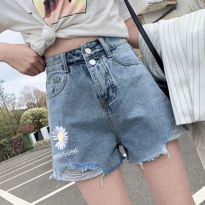 Women's denim shorts high-waist shorts women casual loose ladies fashion large size elastic waist wide-leg short jeans