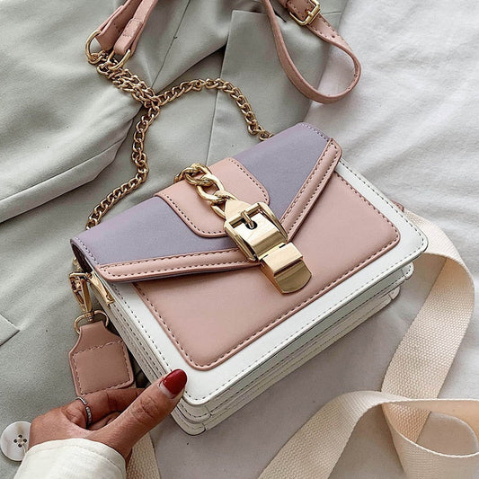 Fashion chain lady Sling bag Panelled color PU Leather Crossbody Bag For Women new Wide strap Shoulder Messenger Bag Ladies