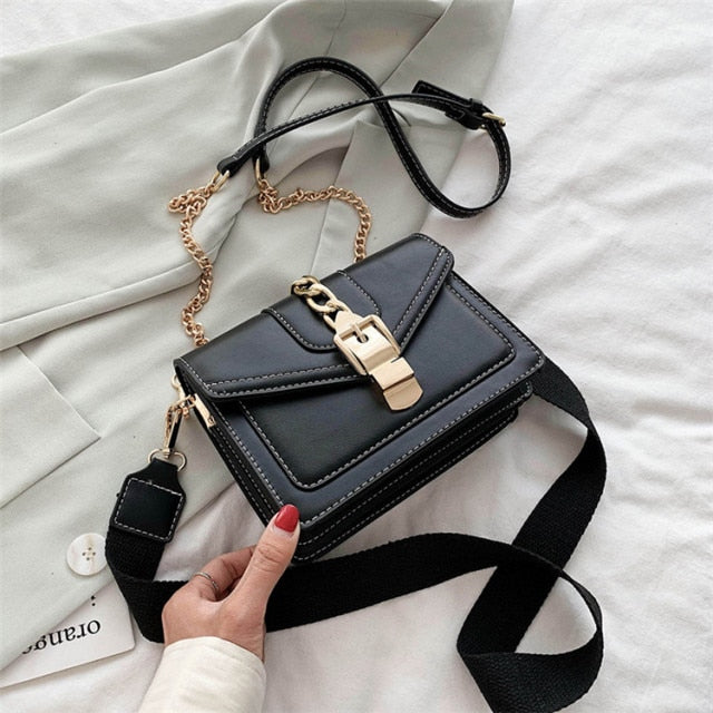 Fashion chain lady Sling bag Panelled color PU Leather Crossbody Bag For Women new Wide strap Shoulder Messenger Bag Ladies