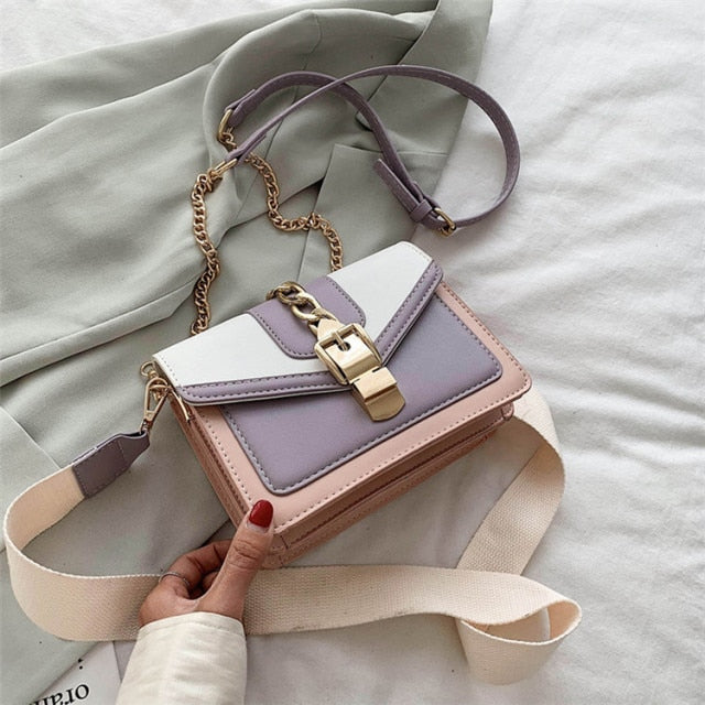 Fashion chain lady Sling bag Panelled color PU Leather Crossbody Bag For Women new Wide strap Shoulder Messenger Bag Ladies