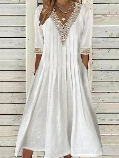 Women's Casual Dress Cotton Linen Dress Swing Dress Midi Dress Cotton Blend Fashion Basic Outdoor Daily Vacation V Neck Patchwork Pocket Half Sleeve Summer Spring Fall Regular Fit White Pure