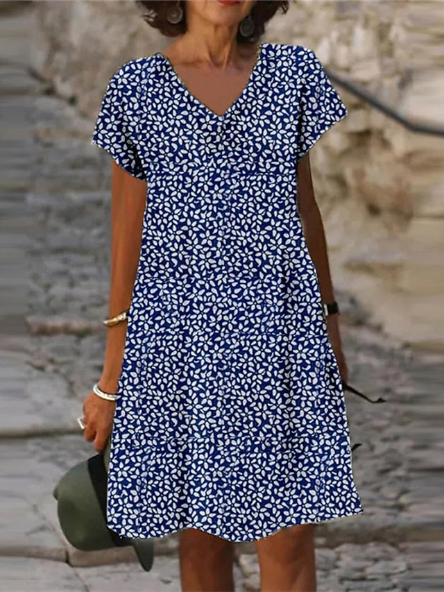 Women's Casual Dress Shift Dress Midi Dress Dark Blue Light Blue Short Sleeve Floral Print Spring Summer V Neck Vacation S M L XL XXL 3XL