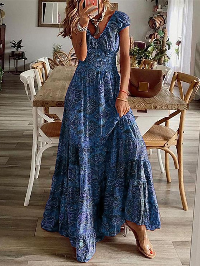 Women's Long Dress Maxi Dress Casual Dress Vintage Dress Swing Dress Graphic Vintage Bohemian Vacation Going out Beach Ruched Print Short Sleeve V Neck Dress Regular Fit Red Blue Purple Summer Spring