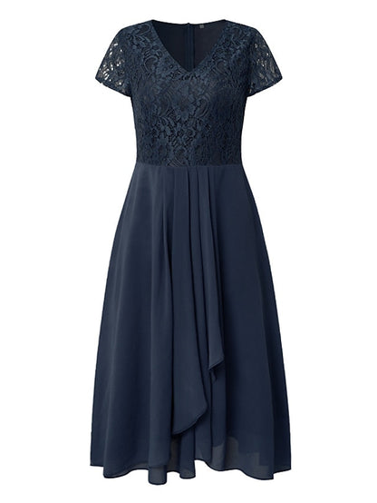 Women's Party Dress Chiffon Dress Formal Dress Midi Dress Navy Blue Short Sleeve Floral Ruched Spring Summer V Neck Vacation Wedding Guest Date Vacation S M L XL XXL 3XL