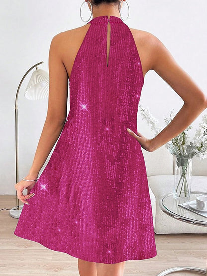 Women's Party Dress Sequin Dress Homecoming Dress Mini Dress Black Fuchsia Sleeveless Pure Color Sequins Summer Spring Fall Halter Neck Fashion Wedding Guest Vacation Summer Dress S M L XL 2XL