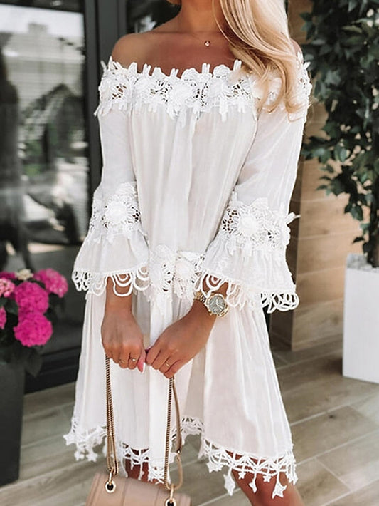 Women's Casual Dress Lace Dress Shift Dress Plain Lace Backless Off Shoulder Mini Dress Basic Elegant Outdoor Daily 3/4 Length Sleeve Loose Fit White Spring Summer S M L XL XXL