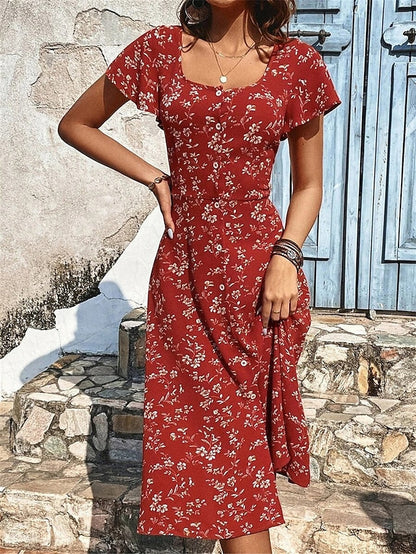 Women's Casual Dress A Line Dress Floral Dress Floral Button Split Square Neck Midi Dress Active Fashion Daily Holiday Short Sleeve Regular Fit Wine Summer Spring S M L XL XXL