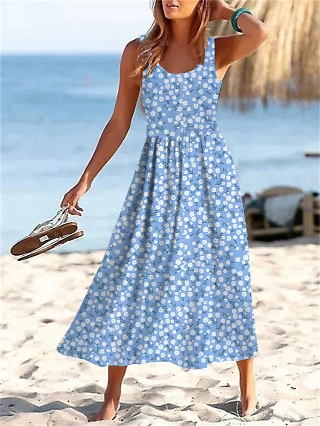 Women's Casual Dress Swing Dress A Line Dress Floral Ditsy Floral Print U Neck Midi Dress Active Fashion Outdoor Daily Sleeveless Regular Fit Light Green Pink Blue Summer Spring S M L XL XXL