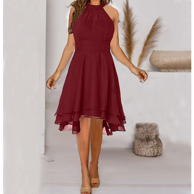 Women's Wedding Guest Dress A Line Dress Knee Length Dress Navy Wine Red Green Black Blue Purple Sleeveless Pure Color Cold Shoulder Spring Summer Halter Neck Elegant Classic S M L XL XXL XXXL