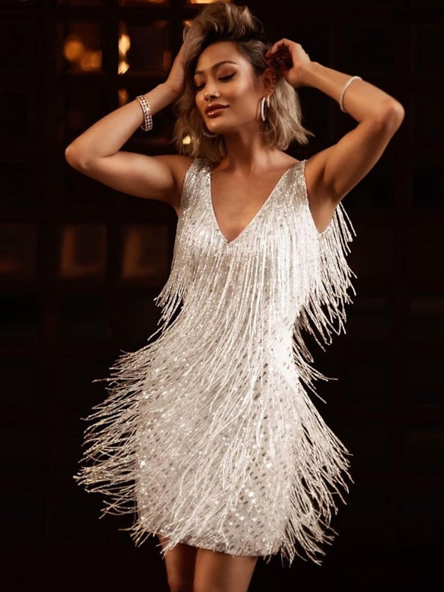 Women‘s Party Dress Fringe Dress Short Mini Dress White Gold Sleeveless Pure Color Tassel Fringe Spring Summer Spaghetti Strap Party Sexy Gatsby Party S M L XL XXL / Winter