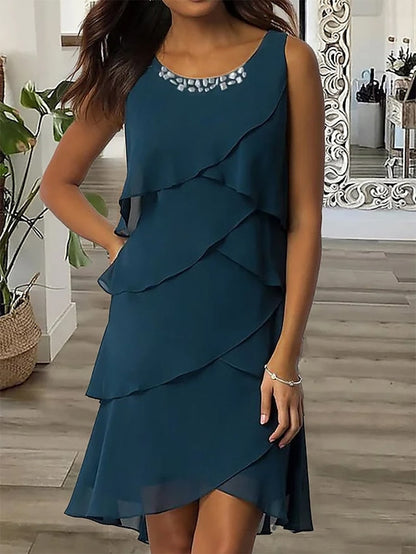 Women‘s Work Dress Wedding Guest Chiffon Dress Semi Formal Dress Fashion Midi Dress Ruffle Layered Crew Neck Sleeveless Plain Loose Fit Dark Blue Summer Spring S M L XL XXL