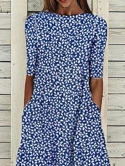 Women's Casual Dress Shift Dress Midi Dress Blue Half Sleeve Floral Loose Spring Summer Crew Neck Basic  3XL