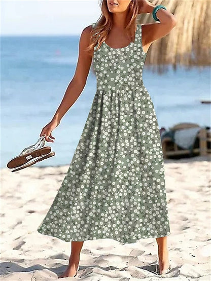 Women's Casual Dress Swing Dress A Line Dress Floral Ditsy Floral Print U Neck Midi Dress Active Fashion Outdoor Daily Sleeveless Regular Fit Light Green Pink Blue Summer Spring S M L XL XXL