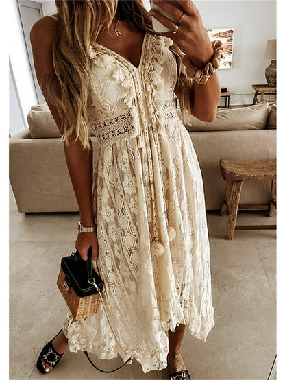 Women's Swing Dress Maxi long Dress White Beige Sleeveless Print Embroidered Lace Spring Summer V Neck Casual Boho S M L XL XXL