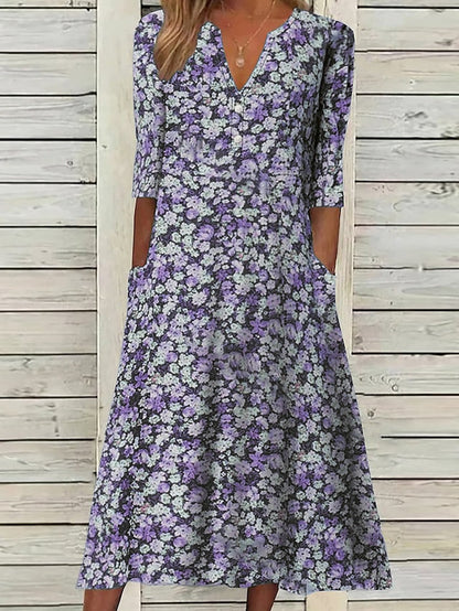 Women's Casual Dress Floral Dress Midi Dress Blue Purple Green Half Sleeve Floral Ruched Summer Spring V Neck Stylish Vacation S M L XL XXL 3XL