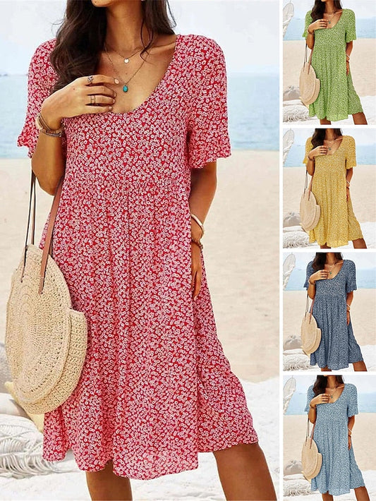 Women's Casual Dress Floral Dress Boho Dress Floral Print Square Neck Midi Dress Active Fashion Outdoor Daily Short Sleeve Regular Fit Yellow Red Dark Blue Summer Spring S M L XL XXL