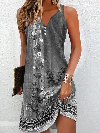 Women's Casual Dress Shift Dress Tank Dress Floral Button Print V Neck Mini Dress Active Fashion Outdoor Street Sleeveless Loose Fit Dark Gray Summer Spring XXL