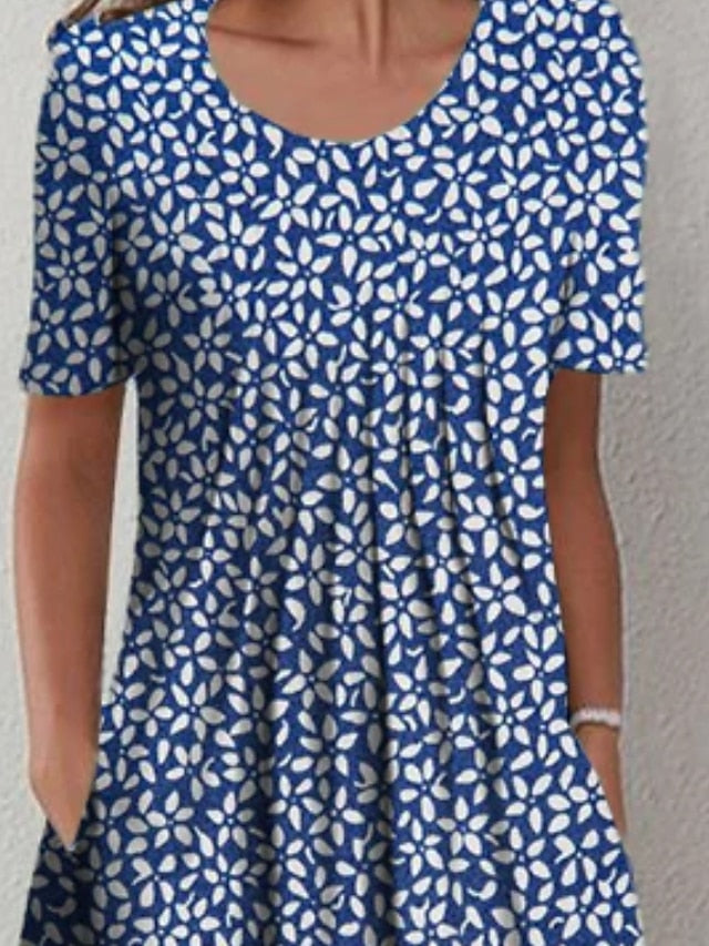 Women's Casual Dress Midi Dress Blue Short Sleeve Floral Ruched Spring Summer Crew Neck Basic S M L XL XXL 3XL