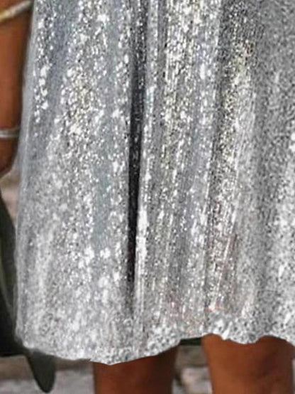 Women's Wedding Guest Dress Party Dress Sequin Dress Midi Dress Silver Short Sleeve Pure Color Sequins Summer Spring Split Neck Party Office Vacation Summer Dress S M L XL 2XL 3XL