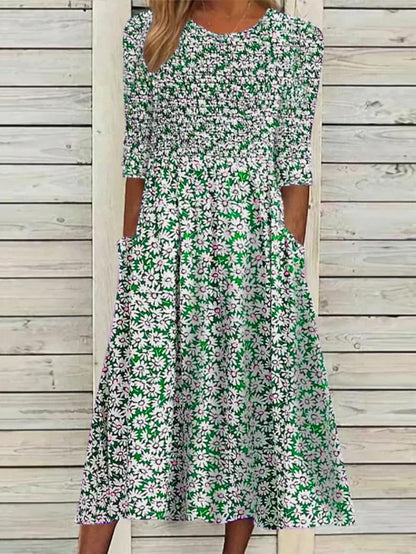 Women's Casual Dress Floral Dress Summer Dress Floral Ruched Pocket Crew Neck Midi Dress Fashion Modern Outdoor Daily Half Sleeve Regular Fit White Blue Green Summer Spring S M L XL XXL