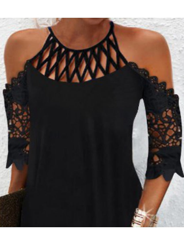 Women's Casual Dress Lace Dress T Shirt Dress Tee Dress Mini Dress Black Half Sleeve Pure Color Lace Spring Summer Halter Fashion Date Vacation S M L XL XXL 3XL