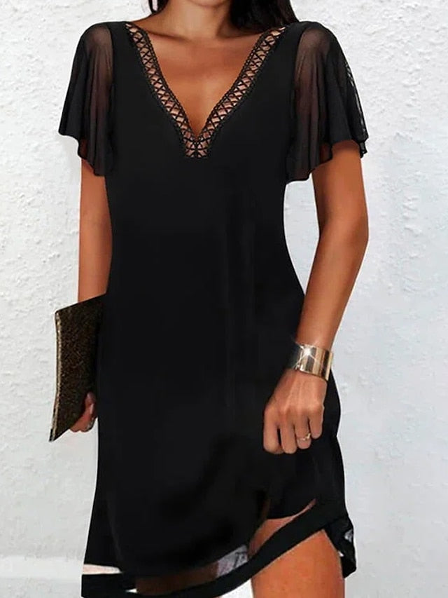 Women's Casual Dress Lace Dress Mini Dress Black Short Sleeve Pure Color Hollow Out Summer Spring V Neck Modern  S M L XL 2XL 3XL