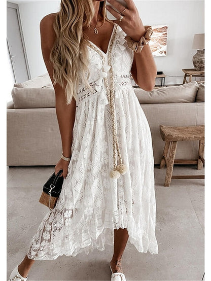 Women's Swing Dress Maxi long Dress White Beige Sleeveless Print Embroidered Lace Spring Summer V Neck Casual Boho S M L XL XXL