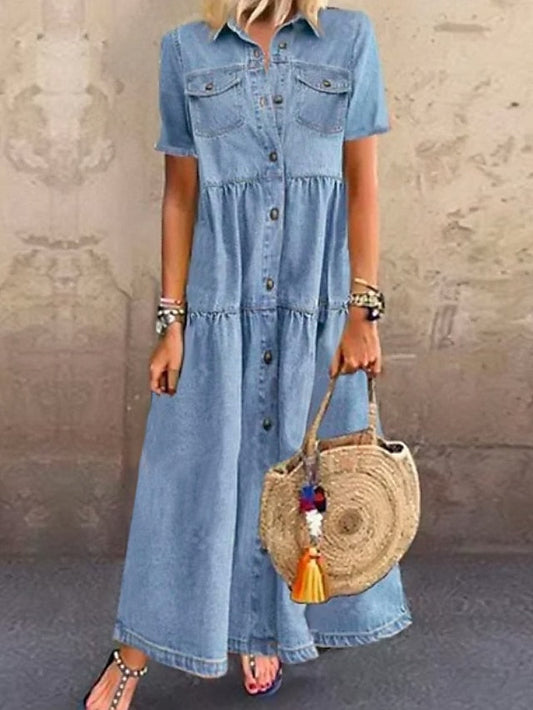 Women's Denim Shirt Dress Maxi long Dress Dark Blue Light Blue Short Sleeve Solid Color Pocket Button Spring Summer Shirt Collar Hot Casual Vintage  S M L XL XXL 3XL / Loose