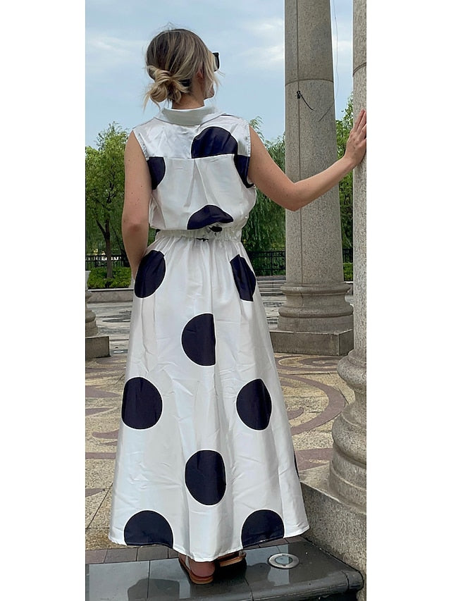 Women's Shirt Dress Casual Dress Swing Dress Maxi long Dress Outdoor Office Daily Satin Fashion Modern Shirt Collar Button Pocket Sleeveless Summer Spring Regular Fit Black White Green Polka Dot