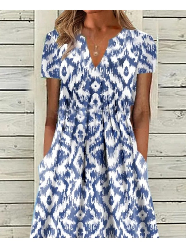 Women's Casual Dress Shift Dress Midi Dress Blue Short Sleeve Geometric Pocket Spring Summer V Neck Basic Daily Vacation Summer Dress S M L XL XXL 3XL