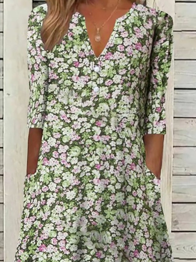 Women's Casual Dress Floral Dress Midi Dress Blue Purple Green Half Sleeve Floral Ruched Summer Spring V Neck Stylish Vacation S M L XL XXL 3XL