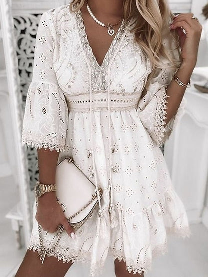 Women‘s Party Dress Casual Dress Lace Dress Mini Dress White Beige 3/4 Length Sleeve Embroidery Ruched Summer Spring Fall V Neck Fashion Wedding Summer Dress Office S M L XL 2XL 3XL