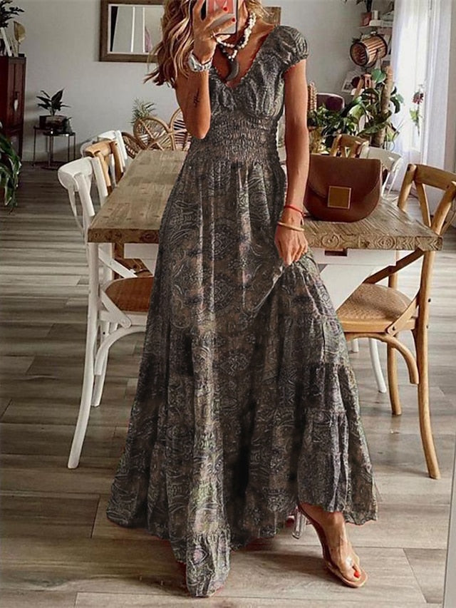 Women's Long Dress Maxi Dress Casual Dress Vintage Dress Swing Dress Graphic Vintage Bohemian Vacation Going out Beach Ruched Print Short Sleeve V Neck Dress Regular Fit Red Blue Purple Summer Spring