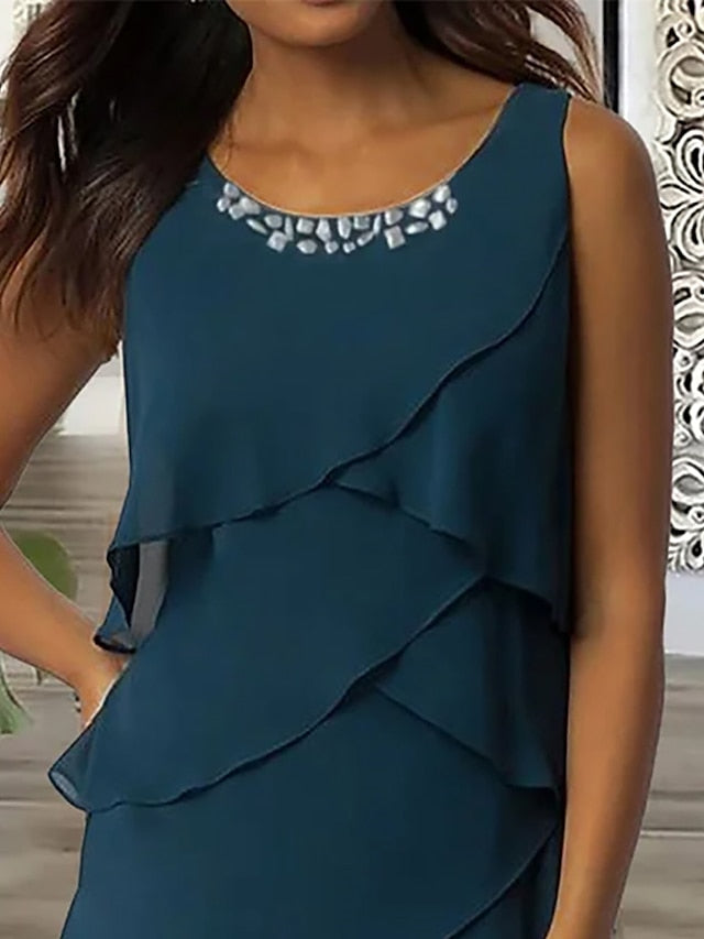 Women‘s Work Dress Wedding Guest Chiffon Dress Semi Formal Dress Fashion Midi Dress Ruffle Layered Crew Neck Sleeveless Plain Loose Fit Dark Blue Summer Spring S M L XL XXL