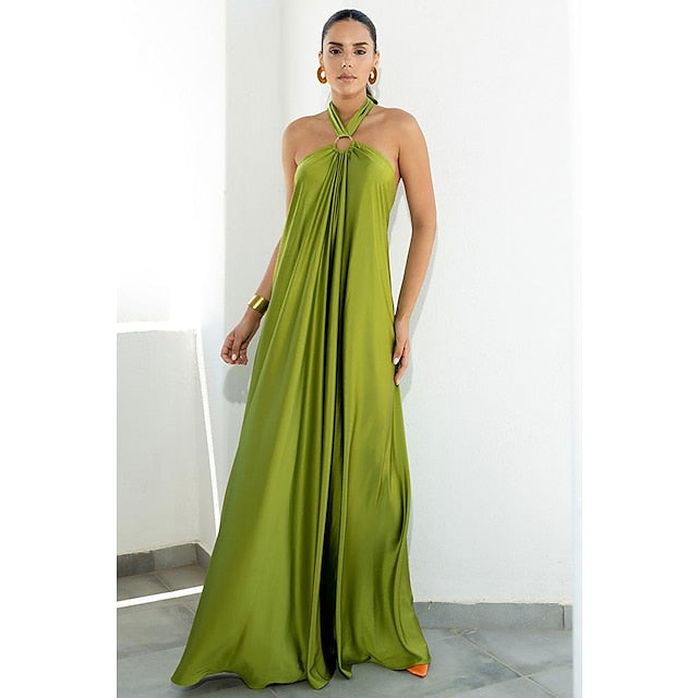 Women's Satin Dress Maxi long Dress Green Blue Orange Sleeveless Pure Color Backless Summer Halter Neck Stylish Elegant Casual Loose S M L XL