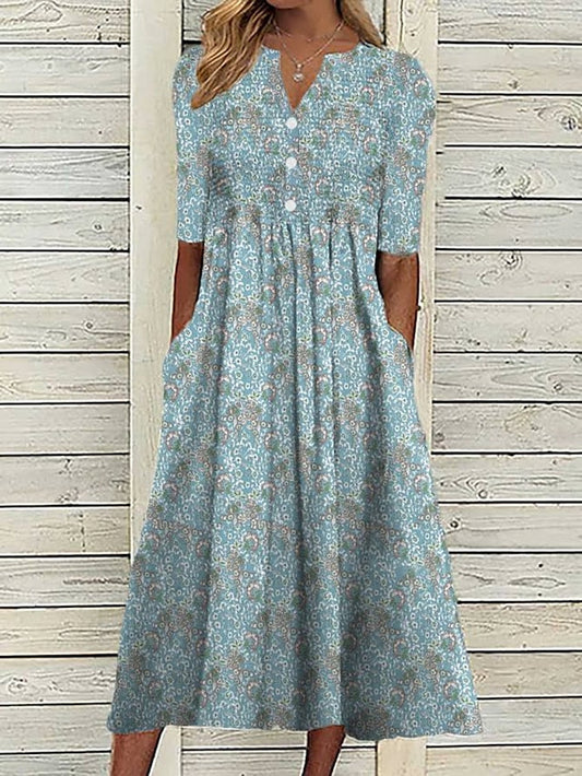 Women's Casual Dress Summer Dress Print Dress Graphic Floral Ruched Button V Neck Midi Dress Fashion Mature Daily Vacation Short Sleeve Regular Fit Blue Dark Blue Summer Spring S M L XL XXL