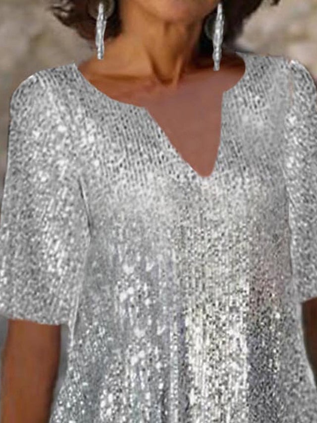 Women's Wedding Guest Dress Party Dress Sequin Dress Midi Dress Silver Short Sleeve Pure Color Sequins Summer Spring Split Neck Party Office Vacation Summer Dress S M L XL 2XL 3XL