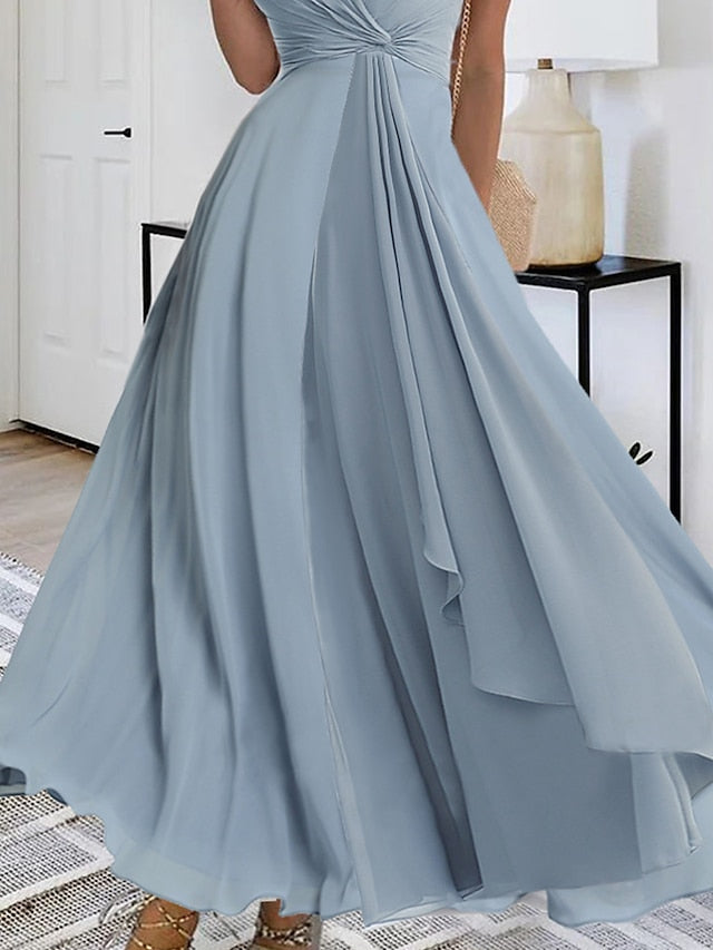 Women's Prom Dress Party Dress Wedding Guest Dress Long Dress Maxi Dress Blue Sleeveless Pure Color Layered Summer Spring Fall V Neck Fashion Evening Party Wedding Guest Summer Dress S M L XL