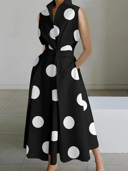 Women's Shirt Dress Casual Dress Swing Dress Maxi long Dress Outdoor Office Daily Satin Fashion Modern Shirt Collar Button Pocket Sleeveless Summer Spring Regular Fit Black White Green Polka Dot