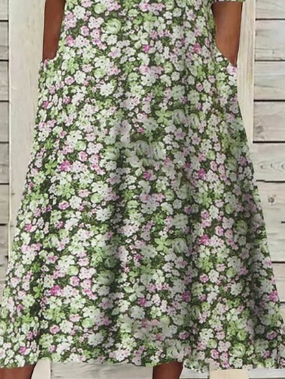 Women's Casual Dress Floral Dress Midi Dress Blue Purple Green Half Sleeve Floral Ruched Summer Spring V Neck Stylish Vacation S M L XL XXL 3XL