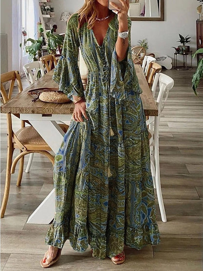 Women's Casual Dress Swing Dress Boho Dress Graphic Ruffle Print V Neck Flared Sleeve Long Dress Maxi Dress Fashion Streetwear Street Holiday Long Sleeve Loose Fit Red Blue Purple Summer Spring S M L