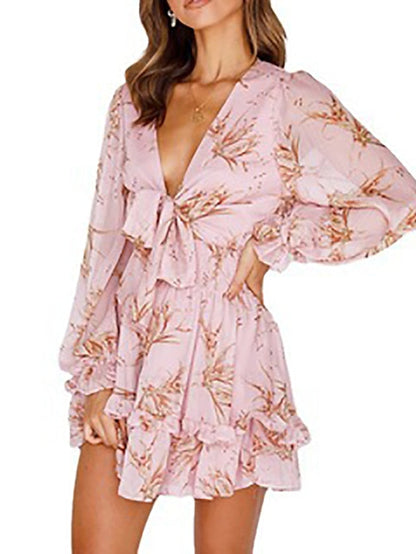 Women's Casual Dress Chiffon Dress A Line Dress Mini Dress Pink Green Gray Long Sleeve Floral Print Summer Spring Deep V Vacation S M L XL