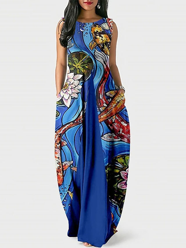 Women's Party Dress Shift Dress Long Dress Maxi Dress Blue Wine Dark Blue Sleeveless Floral Pocket Spring Summer Crew Neck Party S M L XL XXL 3XL