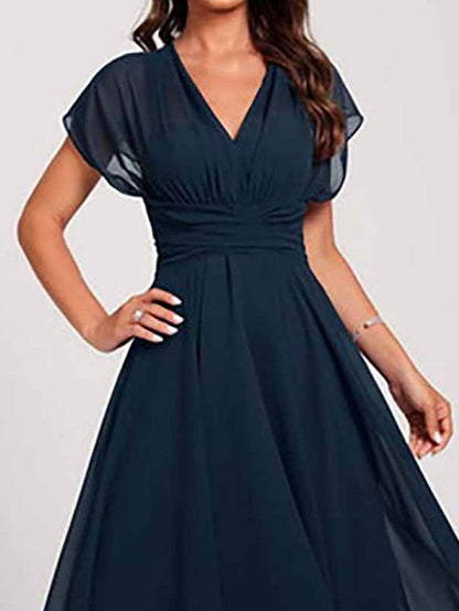 Women‘s Wedding Guest Dress Swing Dress Semi Formal Dress Midi Dress Blue Short Sleeve Pure Color Mesh Summer Spring Fall V Neck Wedding Guest Vacation Spring Dress S M L XL 2XL 3XL