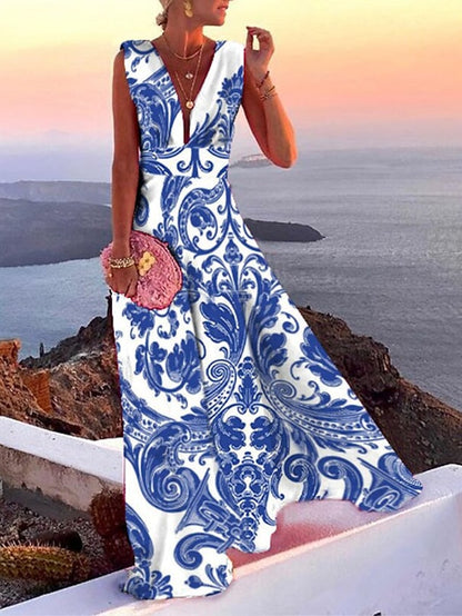 Women's Casual Dress Swing Dress Floral Dress Long Dress Maxi Dress Green Blue Pink Sleeveless Floral Print Spring Summer Deep V Hot Daily S M L XL XXL