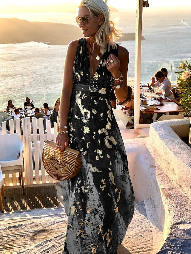 Women's Party Dress Sundress A Line Dress Long Dress Maxi Dress Black Yellow Pink Sleeveless Pure Color Shimmer Summer Spring Deep V Vacation Party Vacation Fall Dress  S M L XL