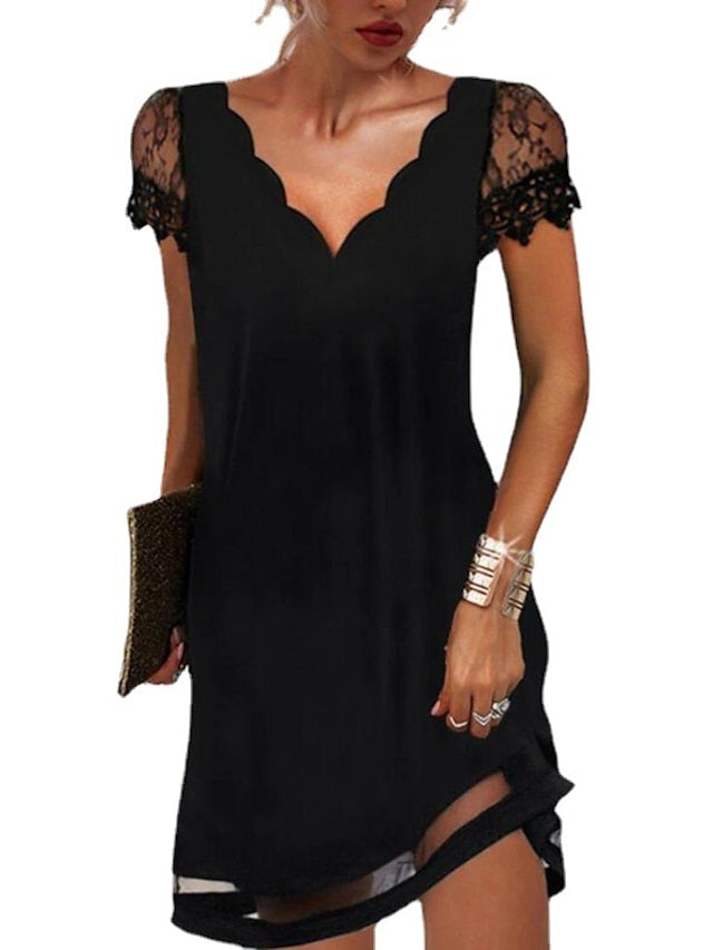 Women‘s Lace Dress A Line Dress Short Mini Dress Black Short Sleeve Pure Color Lace Spring Summer V Neck Elegant Loose S M L XL XXL XXXL / Party Dress