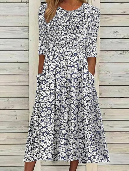 Women's Casual Dress Floral Dress Summer Dress Floral Ruched Pocket Crew Neck Midi Dress Fashion Modern Outdoor Daily Half Sleeve Regular Fit White Blue Green Summer Spring S M L XL XXL