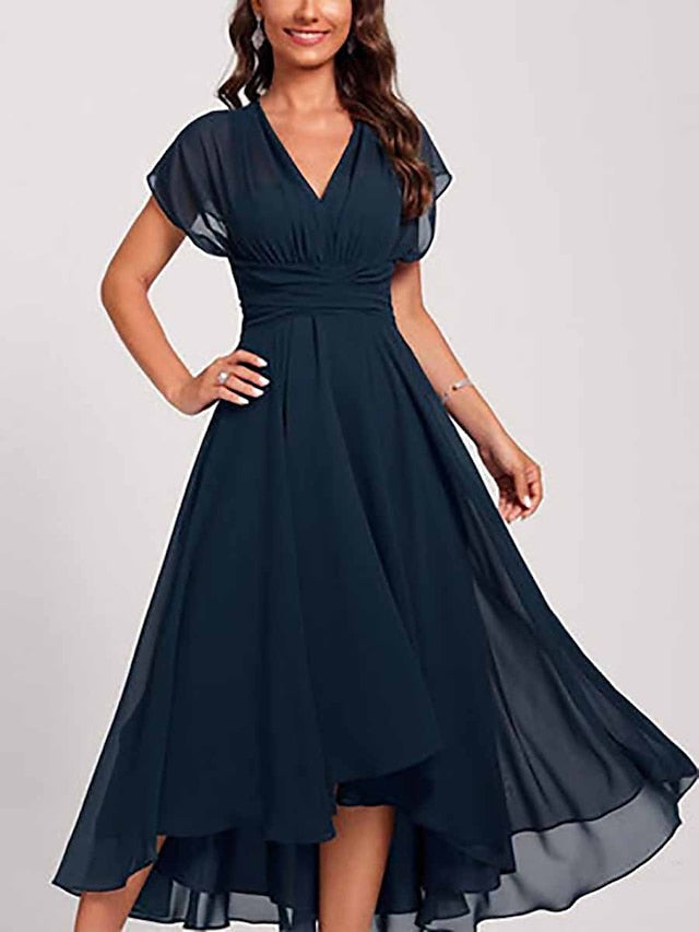 Women‘s Wedding Guest Dress Swing Dress Semi Formal Dress Midi Dress Blue Short Sleeve Pure Color Mesh Summer Spring Fall V Neck Wedding Guest Vacation Spring Dress S M L XL 2XL 3XL