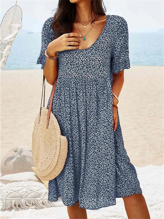 Women's Casual Dress Floral Dress Boho Dress Floral Print Square Neck Midi Dress Active Fashion Outdoor Daily Short Sleeve Regular Fit Yellow Red Dark Blue Summer Spring S M L XL XXL